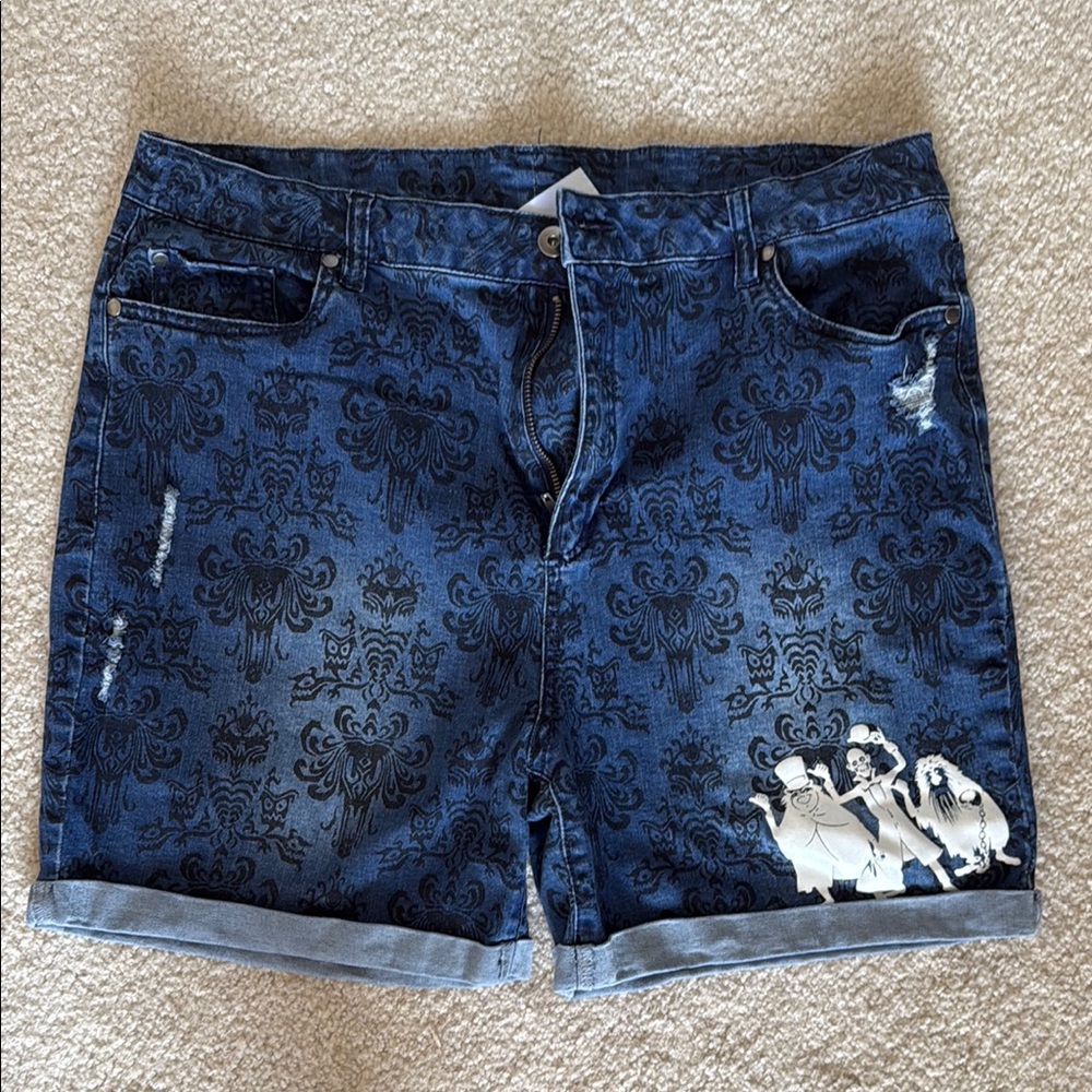 Disney Blue Denim Shorts with Haunted Mansion and Hitchhiking Ghosts Pattern